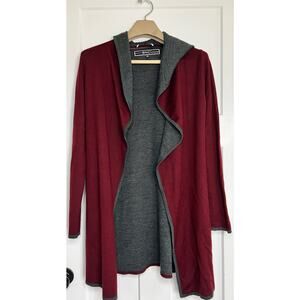 BNCI by Blanc Noir Cardigan Burgundy Gray Hood Pockets Small